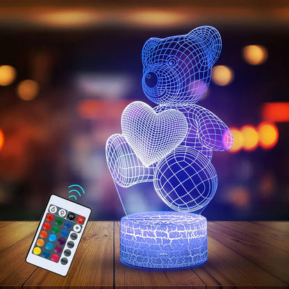 3D LED Acrylic Lamp  USB - Teddy Bear with Heart