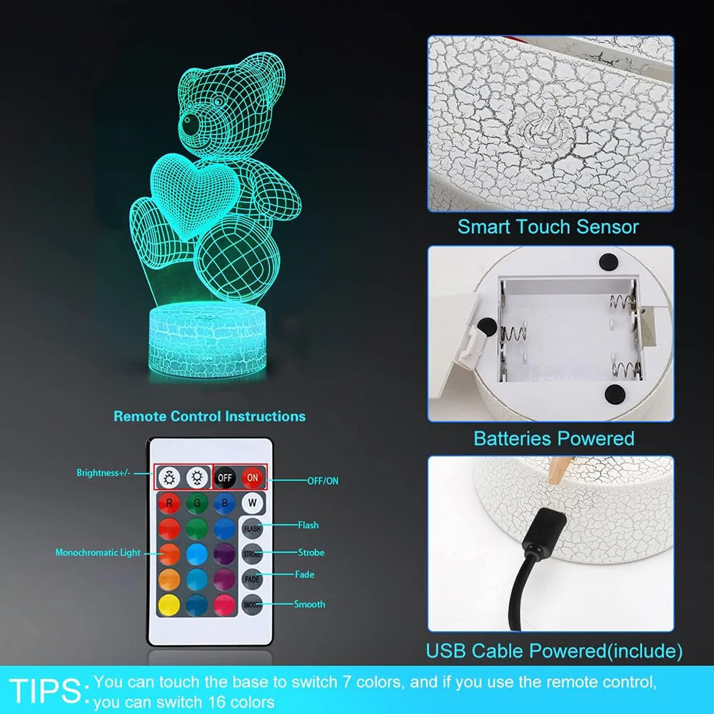 3D LED Acrylic Lamp  USB - Teddy Bear with Heart